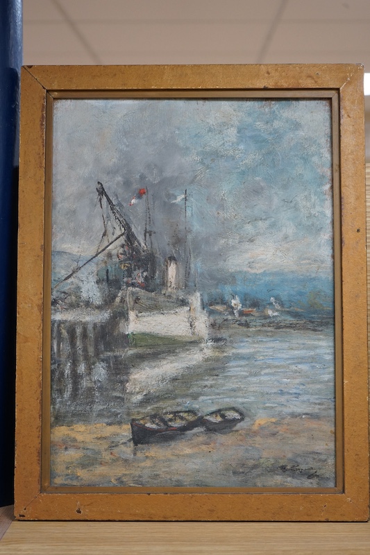 Robert D Pasquoll (1881-1927), Impressionist oil on board, Dock scene, signed, inscribed in ink verso, 37 x 27cm. Condition - fair